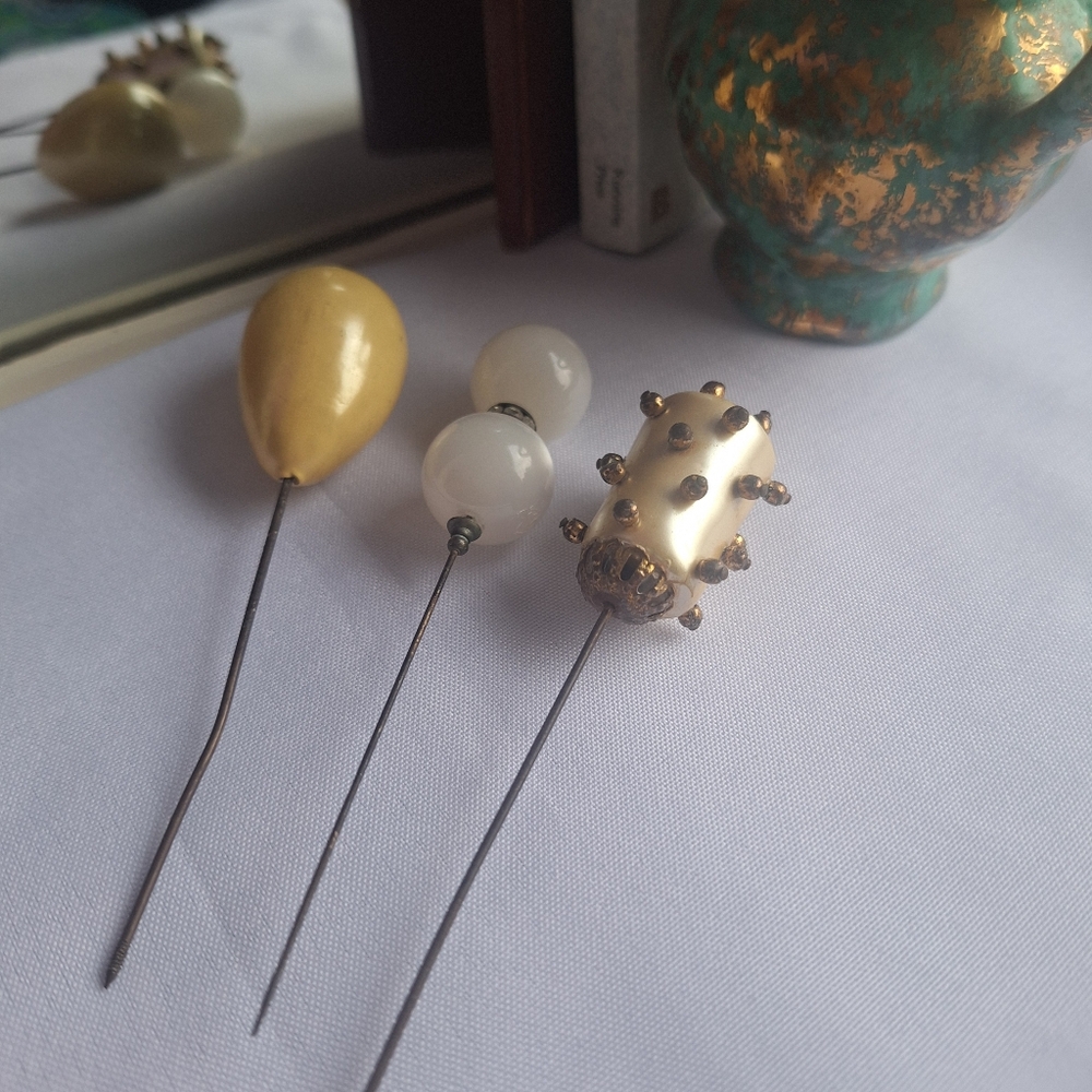 Hat Pin Trio Vintage Fashion Accessory Art Deco Moonglow Pearl 30s 40s 50s